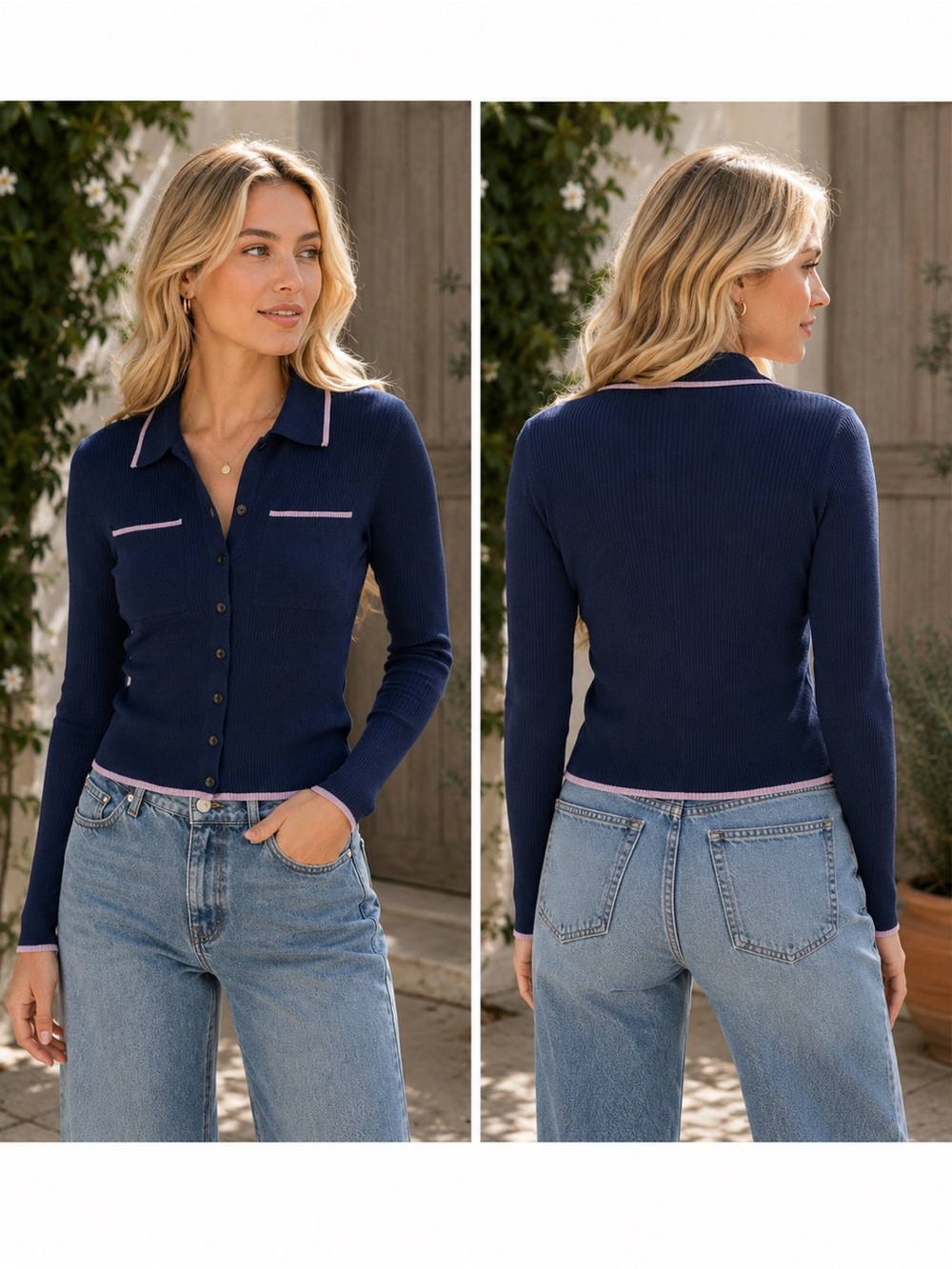 Scotch & Soda size S ribbed Navy Knit Button Cardigan with Pale Pink Trim